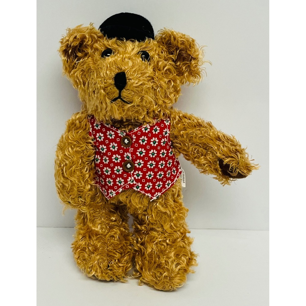 Station Casinos Teddy Bear Plush Tan Curly Hair Red Floral Vest Black Hat 8in
